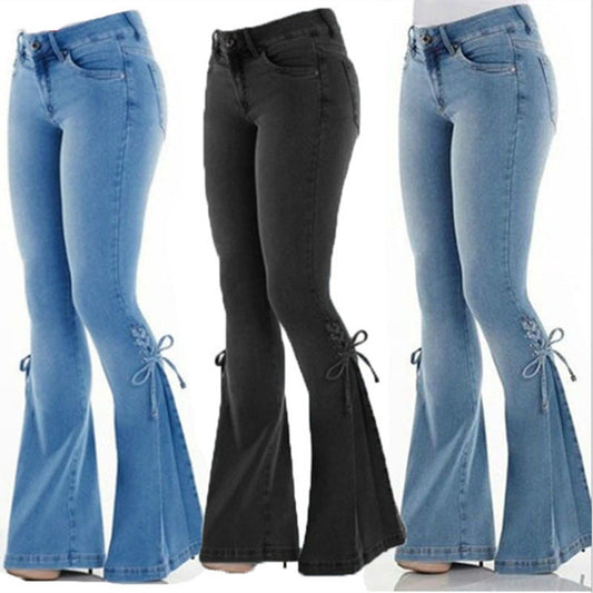 qgtao dream clothes Women's Jeans Mid-Waist Lace-up Denim Trousers Stretch Jeans Women's Flared Pants