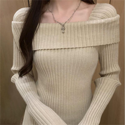 qgtao 2000s fashion 2024 Spring Long-Sleeved off-Shoulder Sweater Top Women's Irregular Slim-Fit Short Split Bottoming Sweater