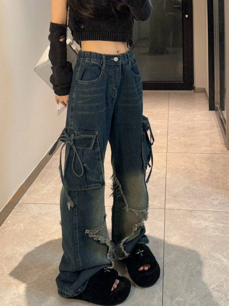 qgtao Y2k Trashy 2000s Blue Cargo Jeans Baggy Vintage 90s Aesthetic High Waist Cowboy Pants