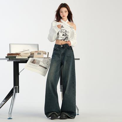 2025 n retro wide-leg curled jeans women's new high-waisted loose-flared pants in autumn and winter popular