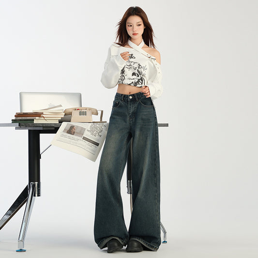 2025 n retro wide-leg curled jeans women's new high-waisted loose-flared pants in autumn and winter popular