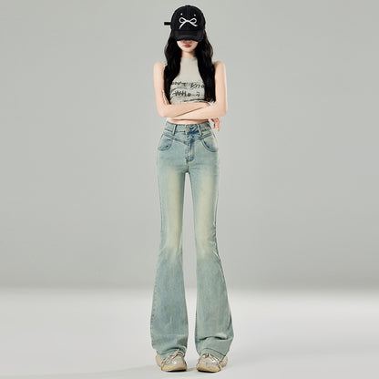 2025 Light blue micro-horn jeans women's popular summer and autumn new high-waisted retro design horseshoe horn pants