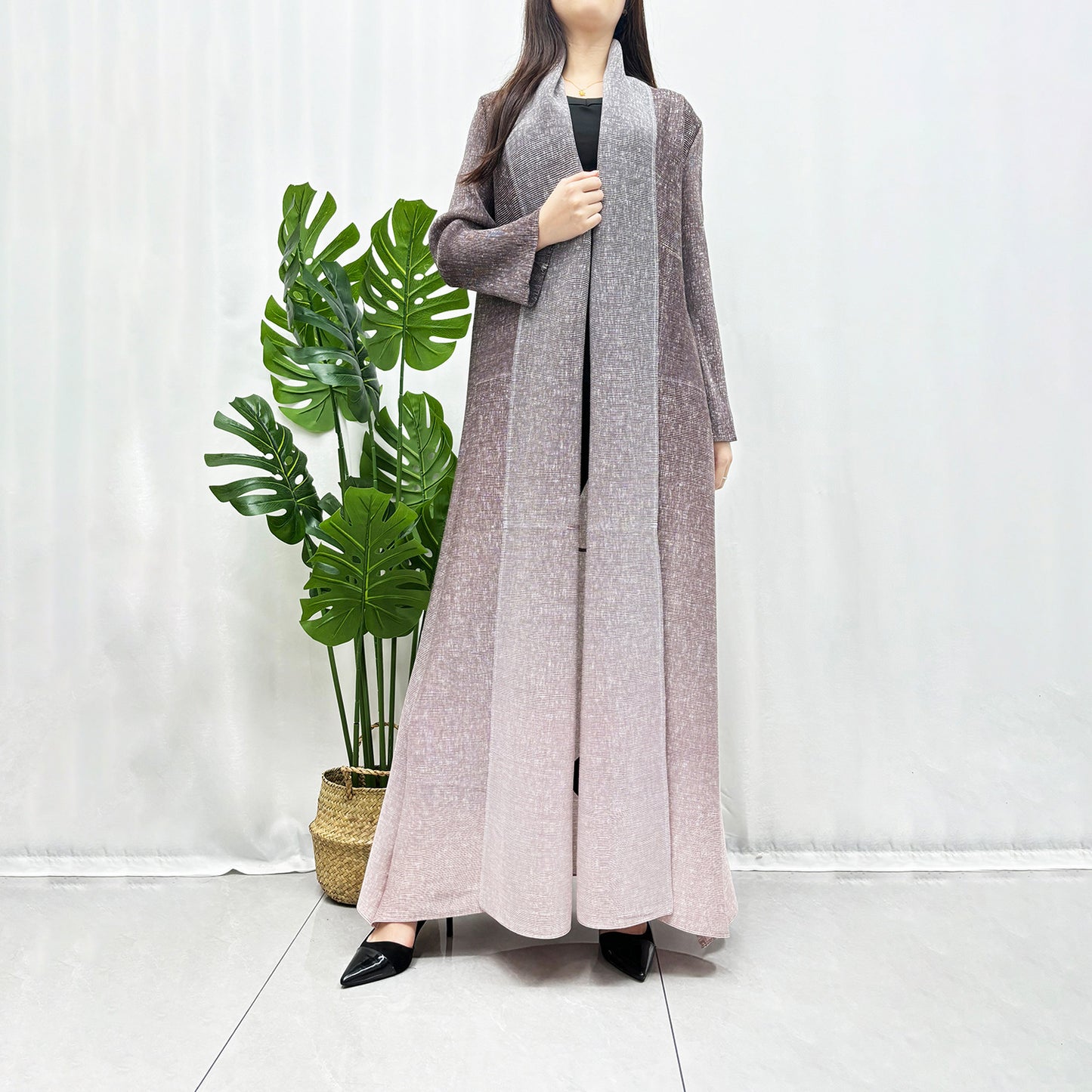 Hot trade hot trench coat light luxury high sense long fashion gradual change lapel Muslim robe temperament jacket