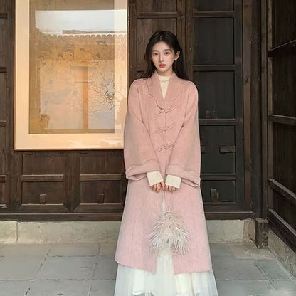 Premium celebrity temperament pink new Chinese coat  autumn and winter new Chinese woolen coat LY028