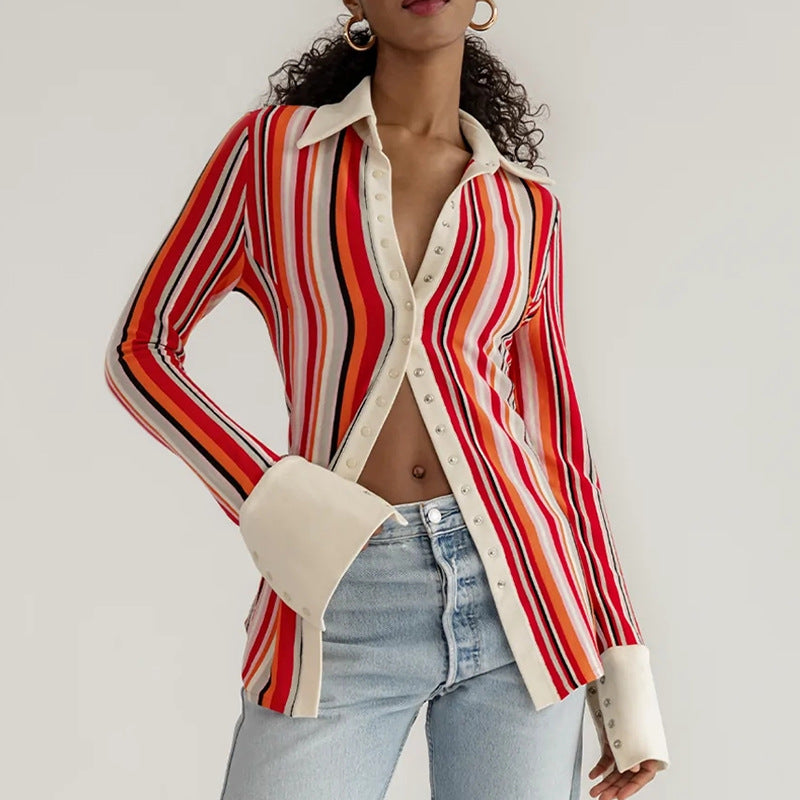 2025  New new single-breasted lapel top  autumn hot-selling fashion casual color matching women's shirt