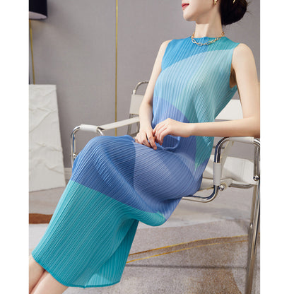 Folded skirt summer women's clothing wholesale long sleeveless printing thin versatile commuter design dress