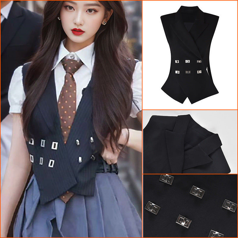 design sense niche metal buckle vest vest women's autumn clothing casual simple vest jacket short K7126