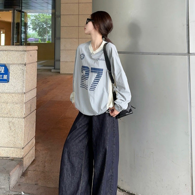 qgtao  clothing styles Street V-neck American Sports Contrast Color Sweater Spring and Autumn Women's Gray Stitching Letter Printed Elastic Top