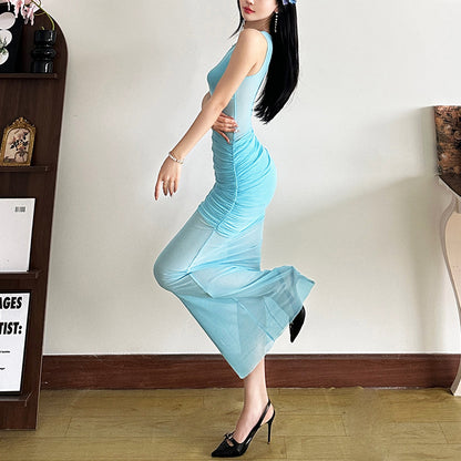 2025 style  spring new women's dress sexy mesh perspective sleeveless crew neck dress