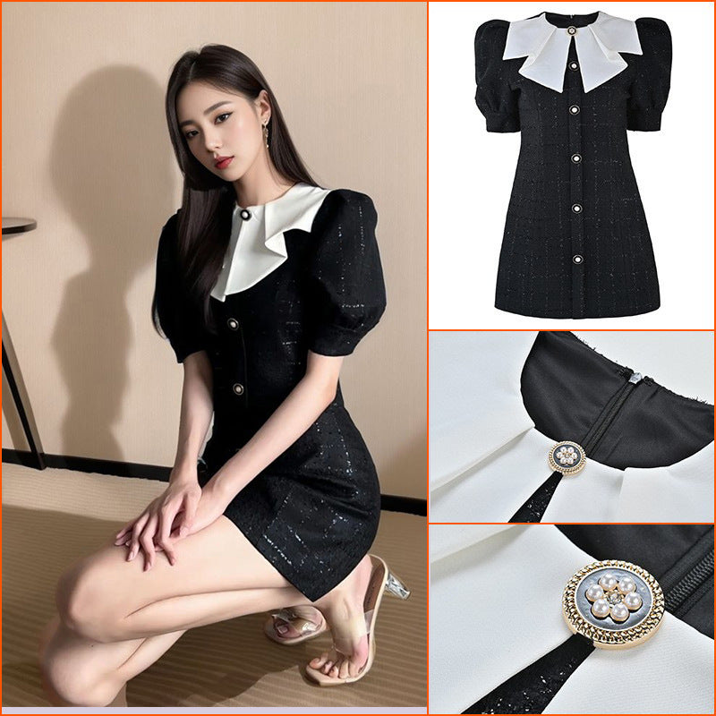 new  high-end small fragrant wind bubble sleeve doll collar contrasting color dress summer L4097
