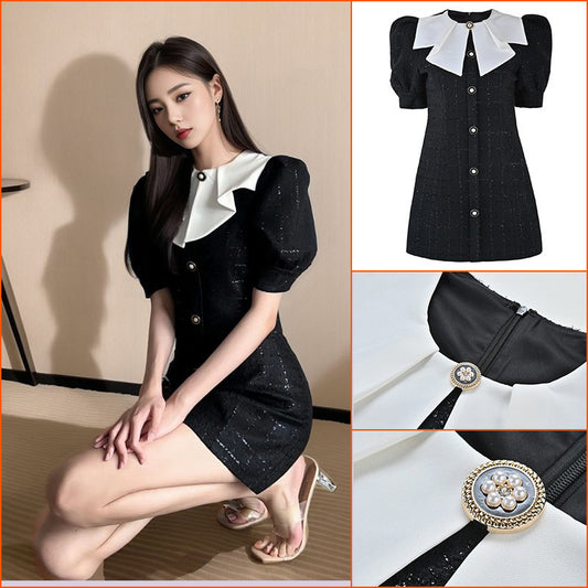 new  high-end small fragrant wind bubble sleeve doll collar contrasting color dress summer L4097