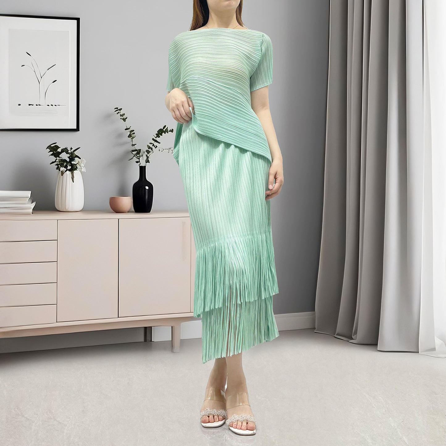 hot-selling suit women's high-end popular black slim short-sleeved T-shirt fringed hip skirt