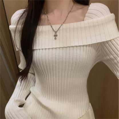 qgtao 2000s fashion 2024 Spring Long-Sleeved off-Shoulder Sweater Top Women's Irregular Slim-Fit Short Split Bottoming Sweater