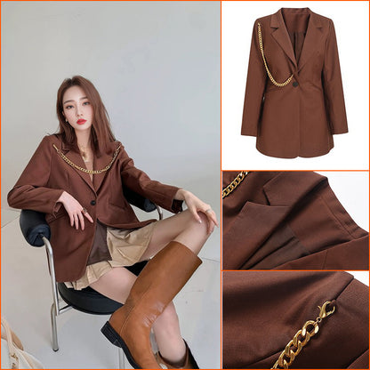 Coffee shoulder chain decorative suit salt fried street jacket women's autumn and winter women's clothing new casual loose suit