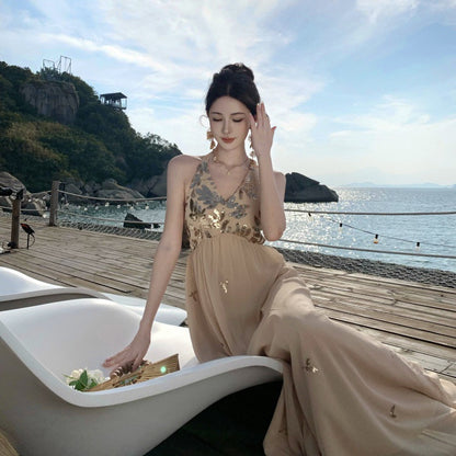 2025 Bead embroidery pinch pleated neck strap holiday dress seaside photo backless splicing sequined suspender long dress women
