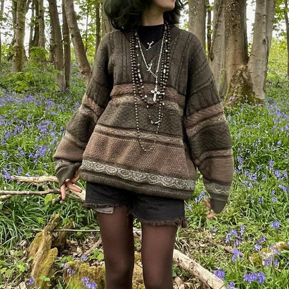 qgtao grunge outfits American Retro Mori Girl V-neck Lace Pattern Contrast Color Soft Glutinous Loose Top Lazy Style Autumn and Winter All-Matching Sweater