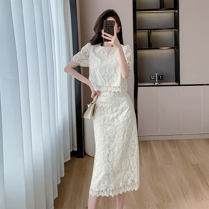 Hollow short-sleeved shirt women's skirt two-piece set 2025 summer new thin design small set