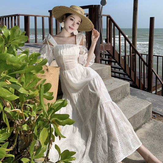 2025 Seaside vacation beach halter dress  retro girl embroidered hollow off-the-shoulder suspender white dress women