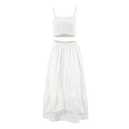 2025 spring and summer sexy design sense white cotton and linen suspender square neck short top middle waist split skirt two-piece set