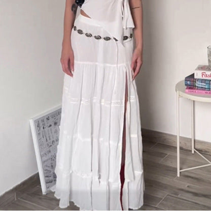 qgtao concert outfit INS Fashion Trendy Cotton Split Pure White Dress 2024 New Simple Casual All-Match Skirt for Women