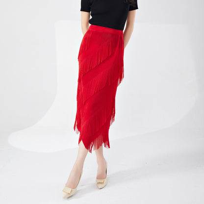 fringed skirt spring and summer high sense irregular medium and long temperament versatile straight hip skirt Popular style
