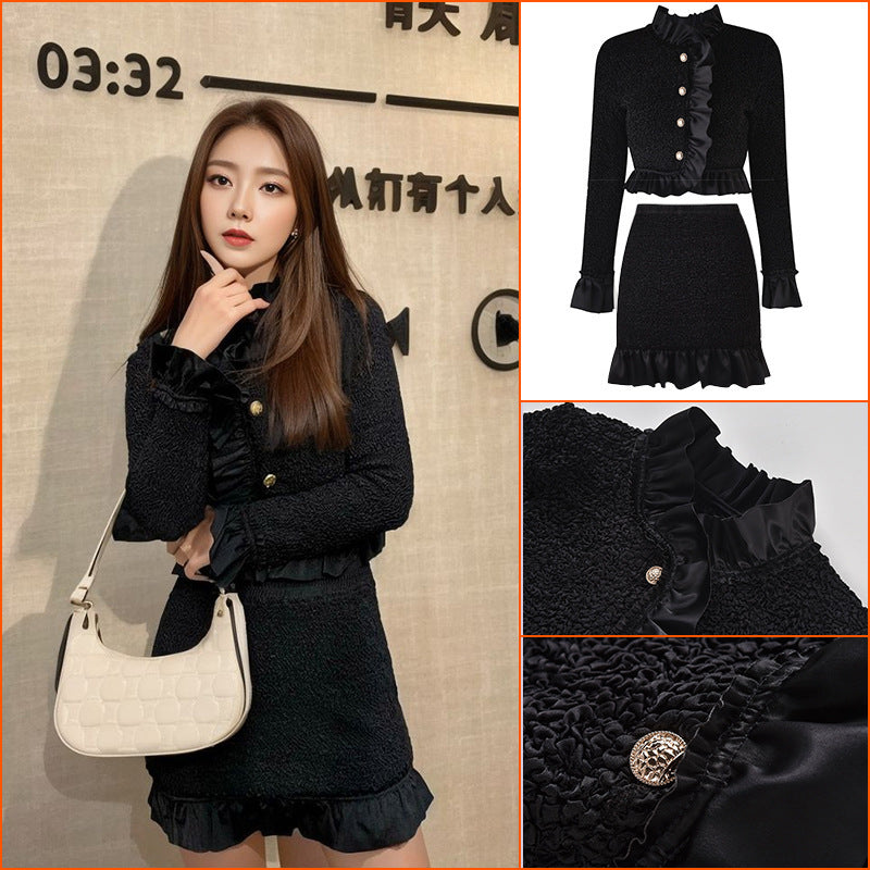 Pink suit women's lotus leaf edge jacket waist skirt autumn dress celebrity style two-piece set K7139