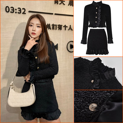 Pink suit women's lotus leaf edge jacket waist skirt autumn dress celebrity style two-piece set K7139