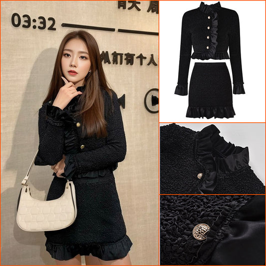 Pink suit women's lotus leaf edge jacket waist skirt autumn dress celebrity style two-piece set K7139