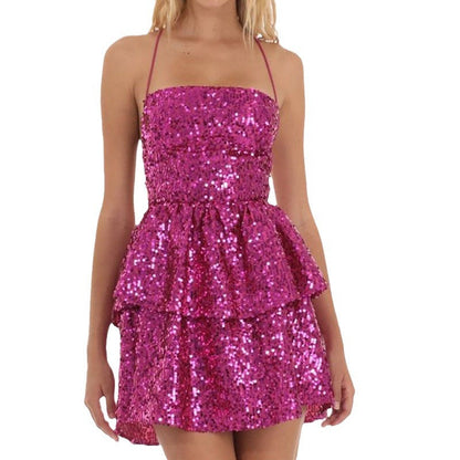 qgtao pop culture dress to impress Women's New Fashion Sequined Dress High-Grade Sequined Suspender Skirt Sexy Backless Short Skirt Evening Dress