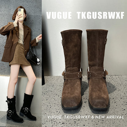 2025 Leather Cow Velvet Wasteland Boots Merad Western Cowboy Boots Khaki Belt Buckle Pile Boots