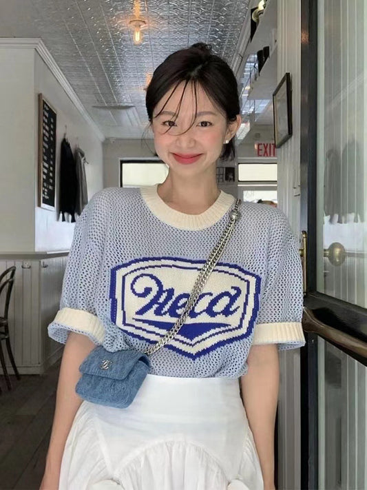 2025 Fever same knitted short-sleeved t-shirt women's blue hollowed-out knitted letter jacquard short-sleeved top sweater short-sleeved women