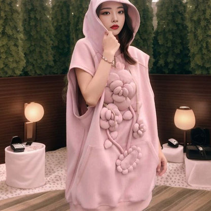 Three-dimensional cloud flower design sense loose hooded sweater thickened women's tide medium and long sports casual sleeveless top