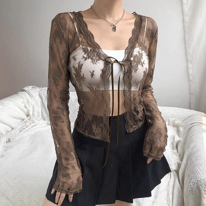 qgtao 90s fashion Retro Lace Jacquard Lace-up Long-Sleeved Cardigan Summer Short Women's Sexy See-through Dress Outer Blouse Top