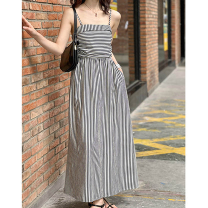 2025 popular summer new dress women's black and white striped temperament waist thin tube top sleeveless long dress 1601