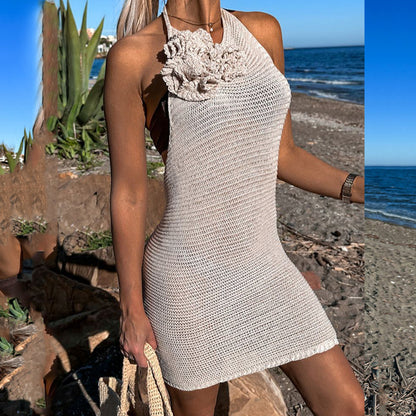 2025 spring and summer  women's clothing solid color corsage sexy big halter personalized slim neck dress