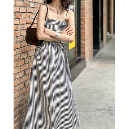 2025 popular summer new dress women's black and white striped temperament waist thin tube top sleeveless long dress 1601