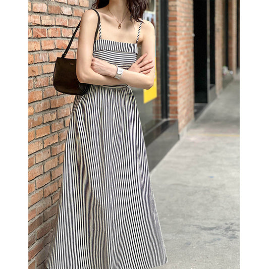 2025 popular summer new dress women's black and white striped temperament waist thin tube top sleeveless long dress 1601