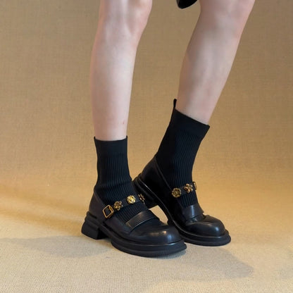 2025  Metal buckle small fragrant wind knitted elastic socks boots women's versatile round head thin short boots thick-soled Martin boots