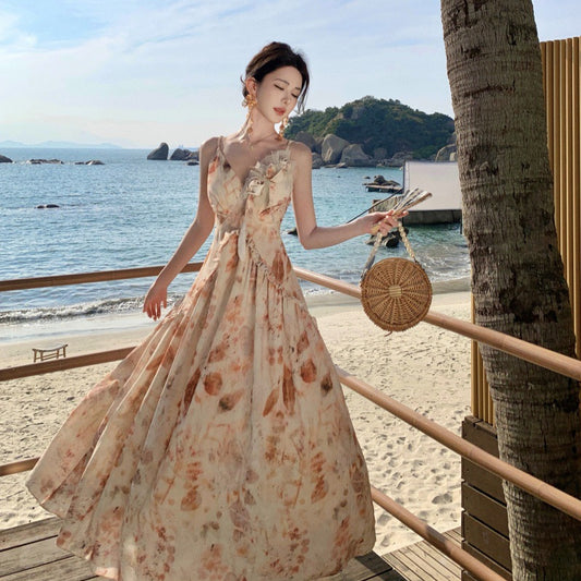 2025 Handmade three-dimensional flower tie-dye chiffon suspender dress summer  retro waist pendulum vacation photo dress