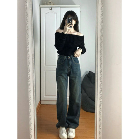 qgtao 2000s fashion Autumn and Winter off-Shoulder Collar Black Sweater Lazy 2024 New Design off-Shoulder Long Sleeve High-End Slim Sweater Top