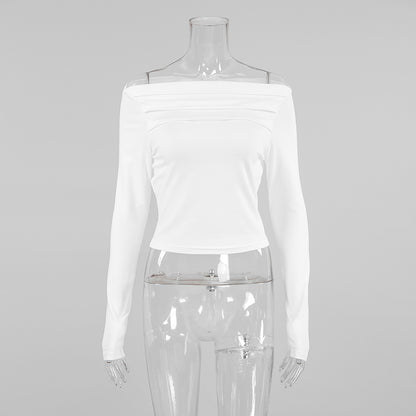 2025 Autumn sexy temperament irregular collar long-sleeved knitted women's T-shirt white niche slim-fit short top