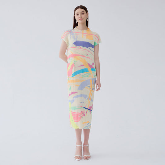 Miyake summer new semi-turtleneck temperament versatile pleated slim short-sleeved medium and long skirt printed dress women