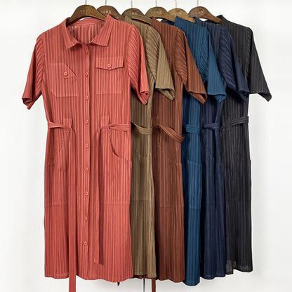 Large size dress 2025 spring new clothing slim high waist solid color pleated lapel medium and long wholesale women's clothing