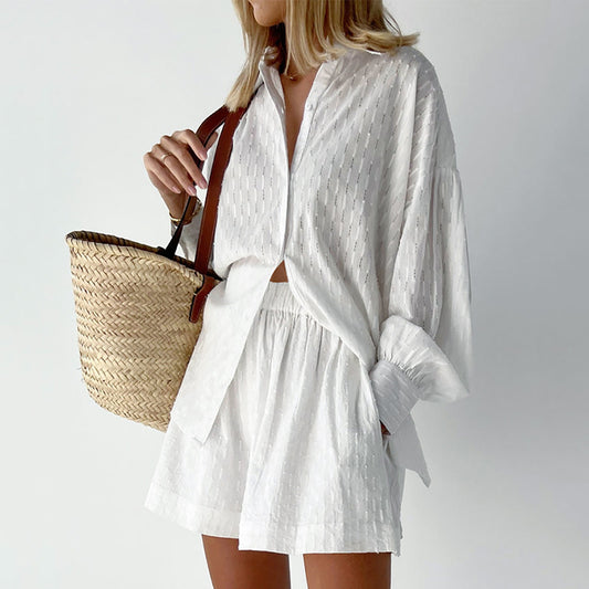 2025 popular Summer Women's  Shirts Jacquard Bubble Sleeves Temperament Tops Shorts Commuter Design Casual Suit