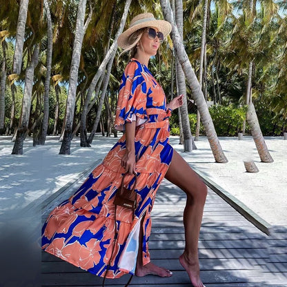 2025 summer new beach with leisure vacation printed beach bikini swimsuit blouse sunscreen cardigan