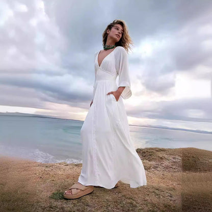 qgtao pop culture dress to impress New Solid Color Long Fashion Sexy V-neck Tight Waist Fashion Snow Chiffon Dress