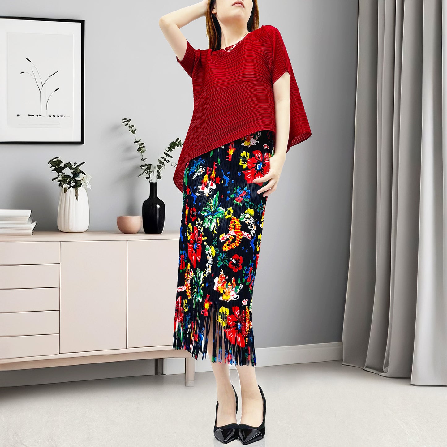 hot-selling women's summer suit two-piece set small retro printed fringed skirt high-end T-shirt