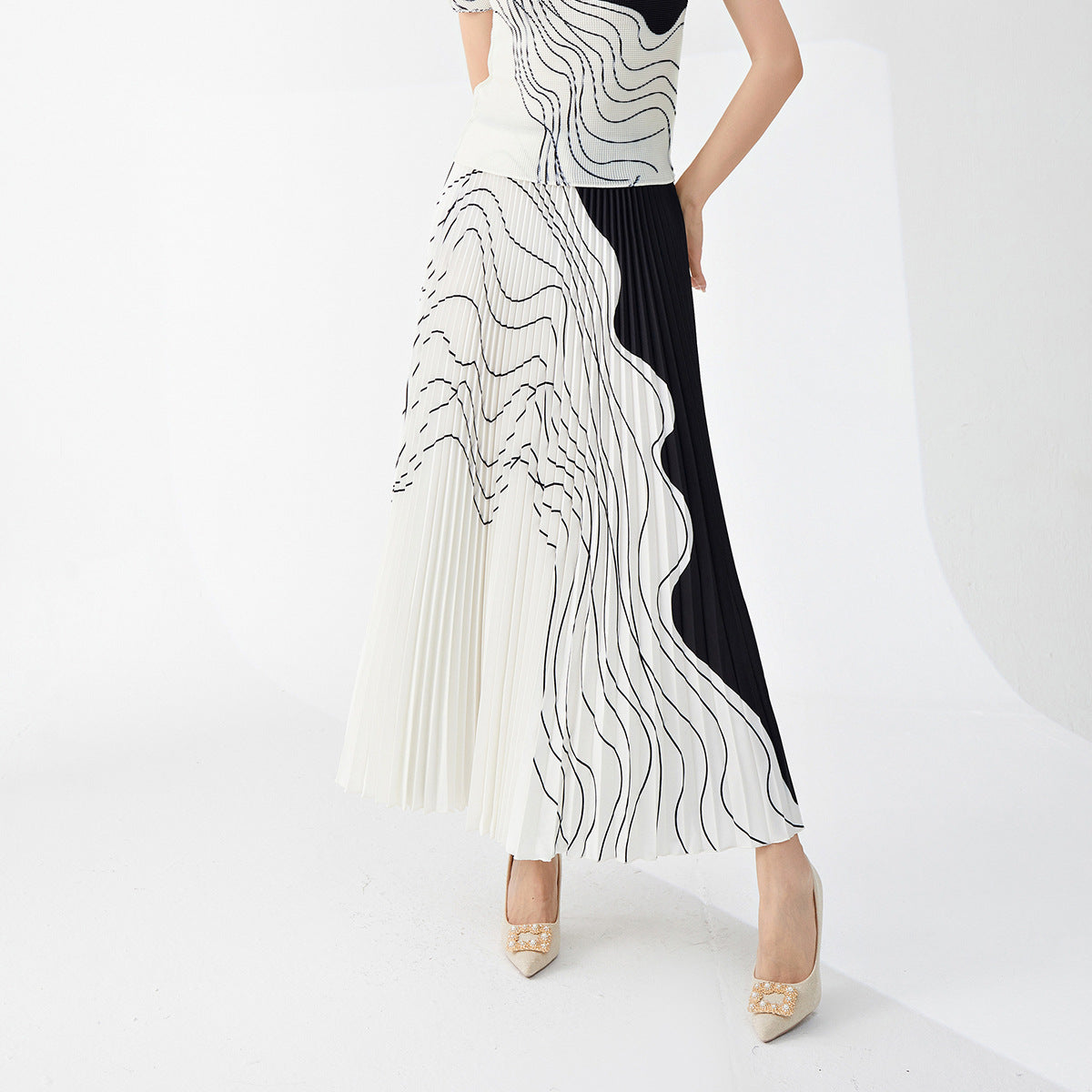 skirt a word female drape high sense elastic waist wavy pattern loose fashion temperament versatile pleated skirt