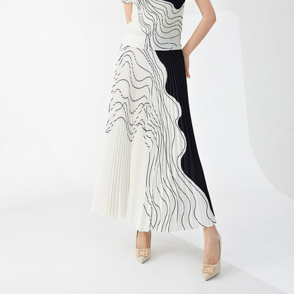 skirt a word female drape high sense elastic waist wavy pattern loose fashion temperament versatile pleated skirt