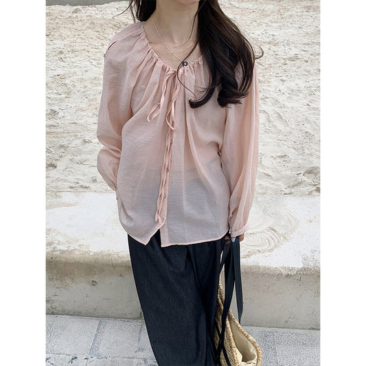 2025 2025 thin sunscreen shirt Korean temperament loose sweet strap design top 23060
